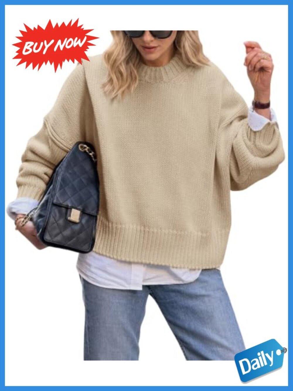 Oversized Chunky Knit Cotton Acrylic Crew Neck Pullover Sweater